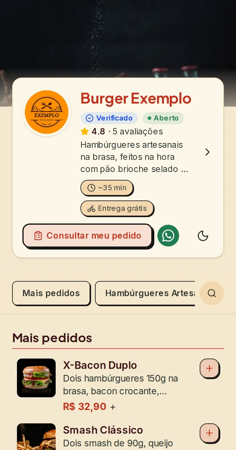 Cardápio digital da loja no celular: logo, nome, avaliação e tempo de entrega
