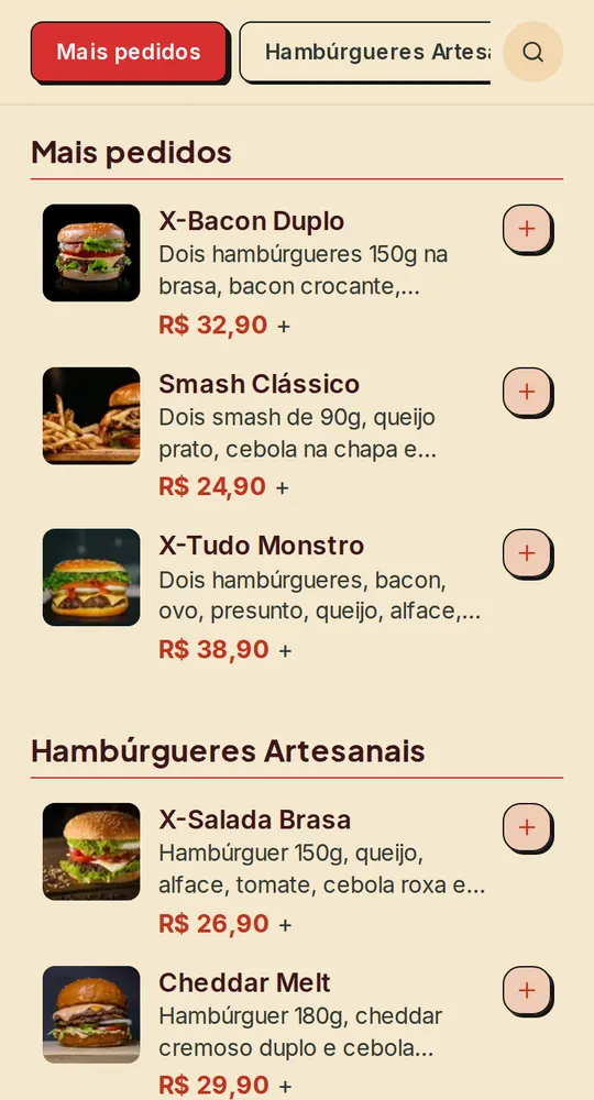 Cardápio da loja de demonstração no tema Diner